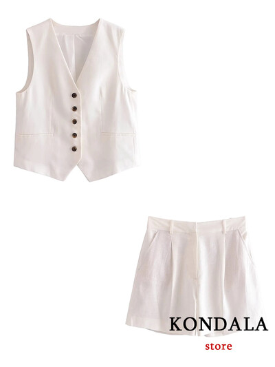 TRAFZA Casual λινό γυναικεία κοστούμια 2 τεμαχίων V με κουμπιά με λαιμόκοψη γιλέκο σακάκι + ψηλή μέση φαρδιά σορτς ποδιών μόδας 2024 Καλοκαιρινά vintage σετ