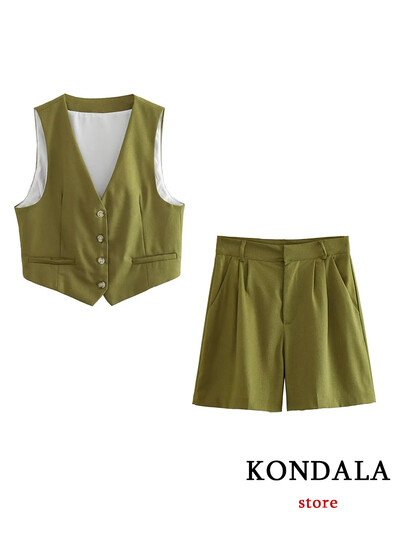 TRAFZA Casual λινό γυναικεία κοστούμια 2 τεμαχίων V με κουμπιά με λαιμόκοψη γιλέκο σακάκι + ψηλή μέση φαρδιά σορτς ποδιών μόδας 2024 Καλοκαιρινά vintage σετ