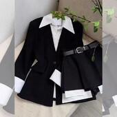 Patchwork netikri du marškiniai Juodi švarkai Rudens pavasario striukės komplektai Moteriški kostiumai Plačios trumpos kelnės Y2k Sexy Shorts