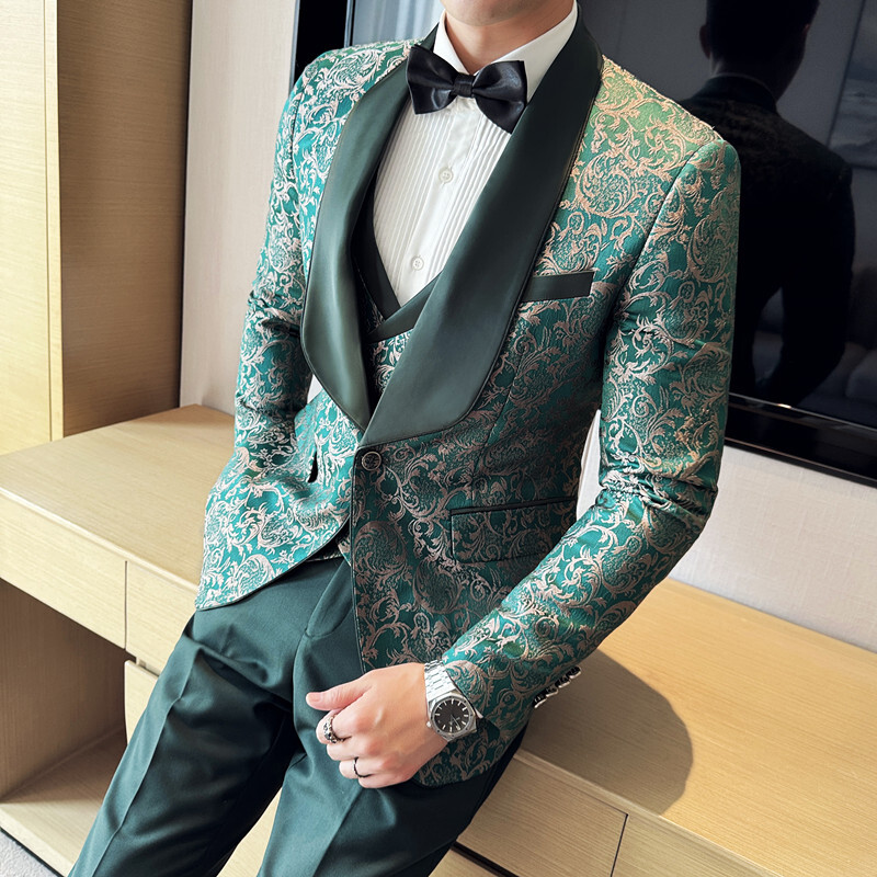 2024 de primăvară noi pentru bărbați (costum + vestă + pantaloni) rochie de mireasă jacquard de înaltă densitate în stil britanic de afaceri casual din trei piese