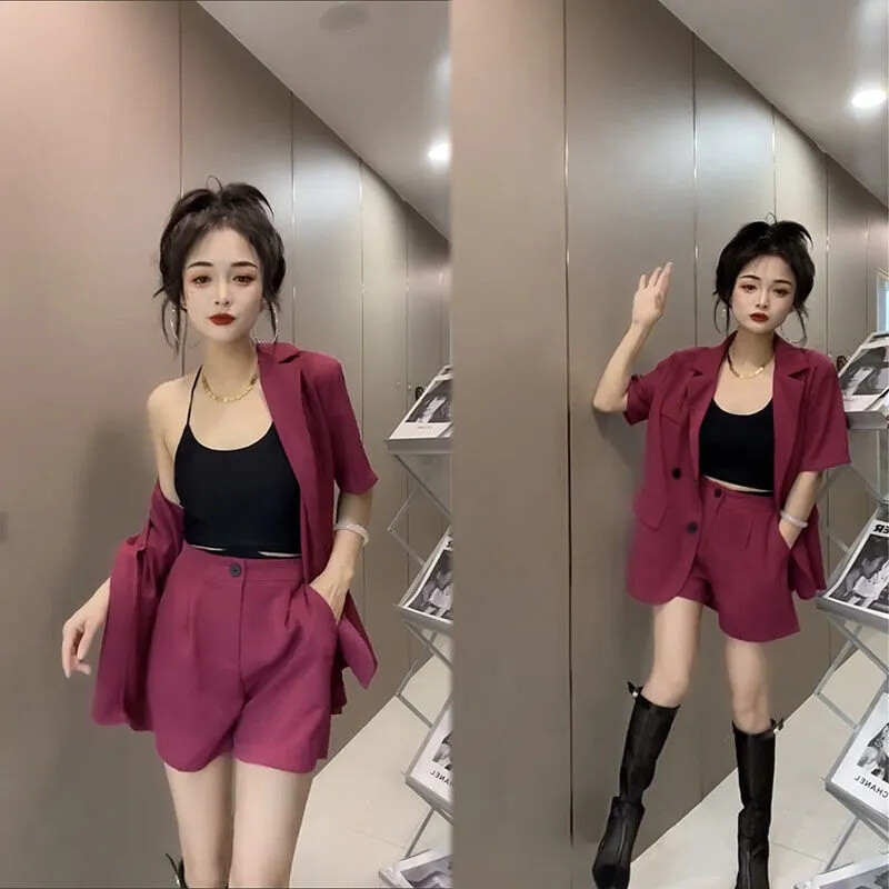 Pojedinačno/odijelo Jednostavno modno odijelo Žensko ljeto 2022. Novo široko i tanko odijelo Kratke hlače Dvodijelni ženski blejzer odijela Ljubičasta crna