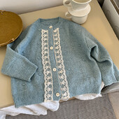 Džemper za djevojčice Kardigan Proljeće Jesen Novi korejski dječji čipkasti rubovi s cvjetnim rubovima Modni za djevojčice široki kaput s okruglim izrezom 2024.