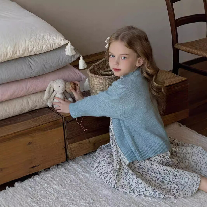 Džemper za djevojčice Kardigan Proljeće Jesen Novi korejski dječji čipkasti rubovi s cvjetnim rubovima Modni za djevojčice široki kaput s okruglim izrezom 2024.
