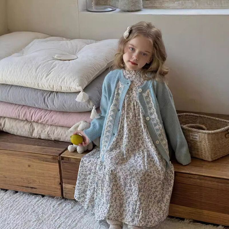 Džemper za djevojčice Kardigan Proljeće Jesen Novi korejski dječji čipkasti rubovi s cvjetnim rubovima Modni za djevojčice široki kaput s okruglim izrezom 2024.