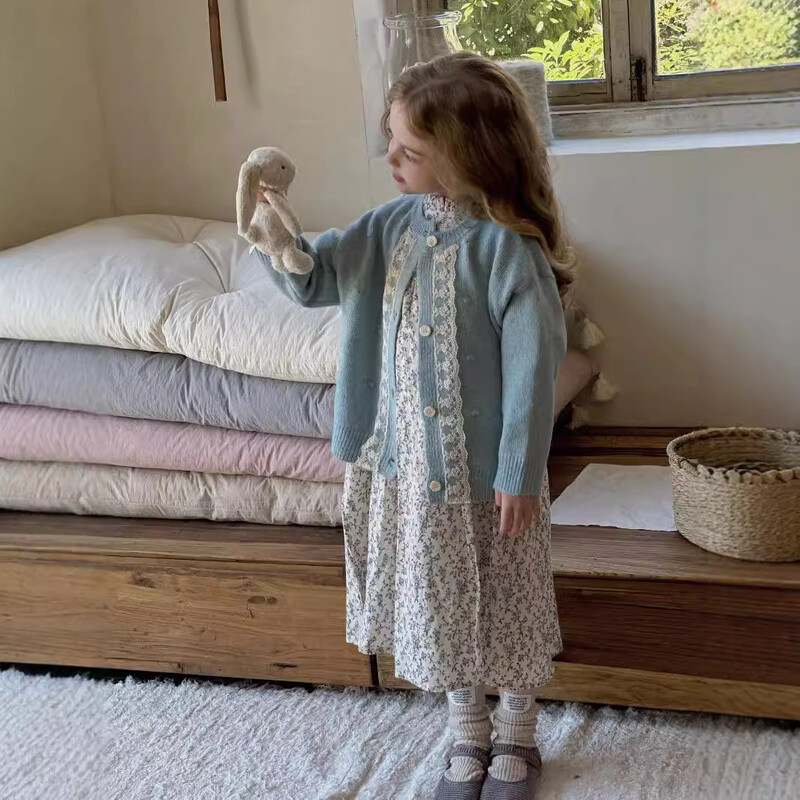 Džemper za djevojčice Kardigan Proljeće Jesen Novi korejski dječji čipkasti rubovi s cvjetnim rubovima Modni za djevojčice široki kaput s okruglim izrezom 2024.