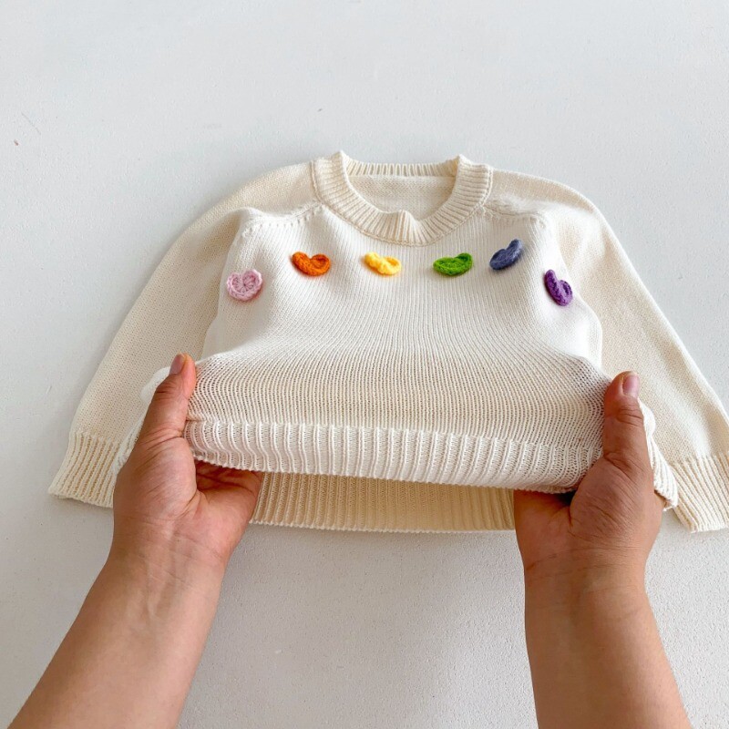 Pleteni deblji pulover za djevojčice, gornja odjeća, jesen, šareni pulover sa srcem, 1-6 godina, dječji zimski džemperi s okruglim izrezom