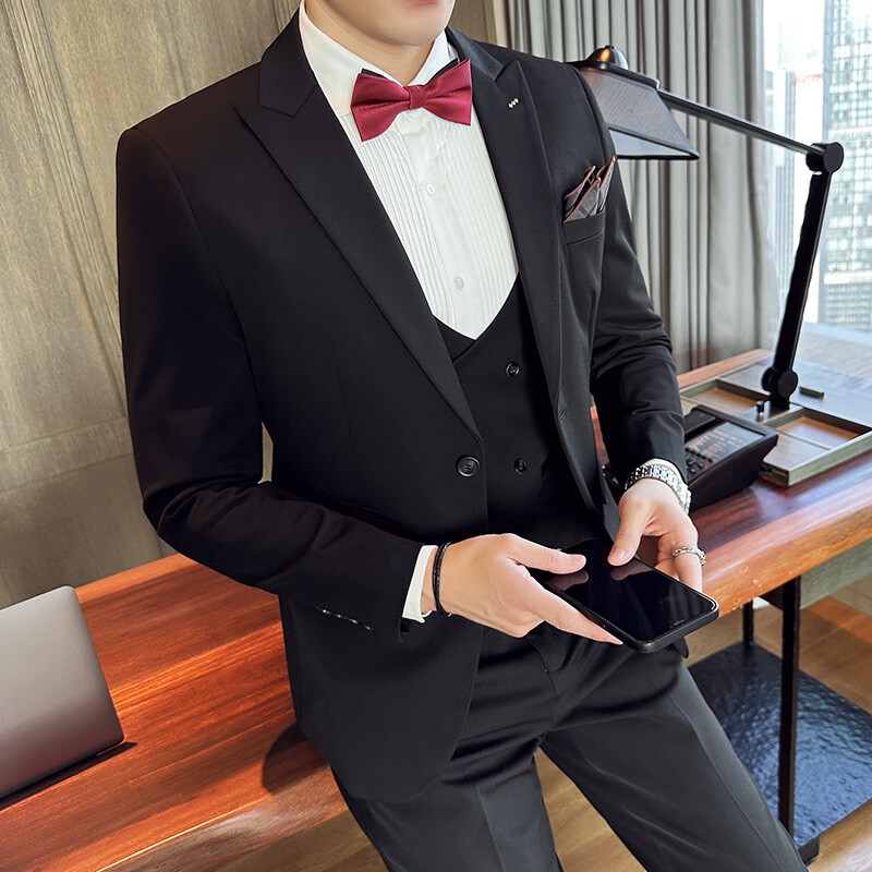(Jachetă+Pantaloni+Vest) Costume de nuntă noi pentru bărbați Set 3 bucăți pentru cel mai bun bărbat Costume formale pentru întâlniri de afaceri Costume negre personalizate