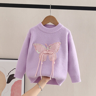 Meiteņu džemperis Modes Tauriņš Adīšana Pulovers Trikotāžas Pušķis Bērni Princeses Meitenes Rudens Ziemas Džemperi Bling HY08011