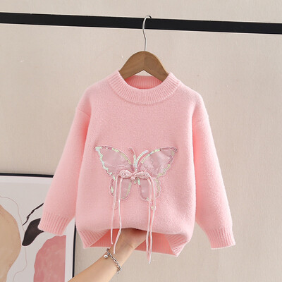 Meiteņu džemperis Modes Tauriņš Adīšana Pulovers Trikotāžas Pušķis Bērni Princeses Meitenes Rudens Ziemas Džemperi Bling HY08011