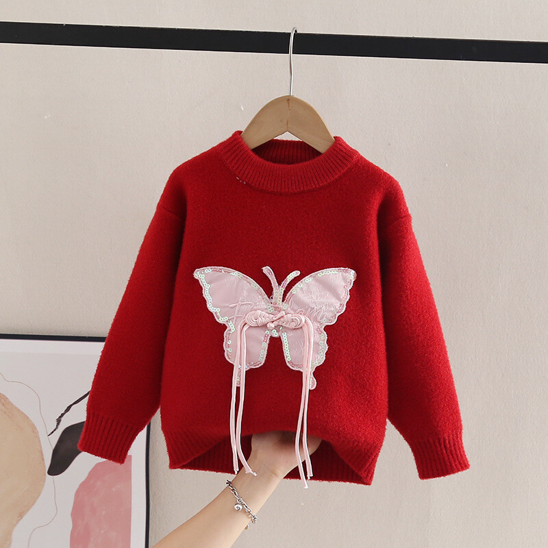 Meiteņu džemperis Modes Tauriņš Adīšana Pulovers Trikotāžas Pušķis Bērni Princeses Meitenes Rudens Ziemas Džemperi Bling HY08011