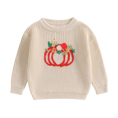 FOCUSNORM 0-3G Jauki zīdaiņi, meitenes, Helovīna džemperis ar garām piedurknēm, ziedu ķirbju izšuvumi, ziemas silti, trikotāžas puloveri