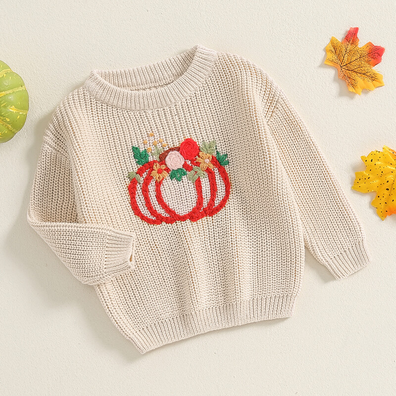 FOCUSNORM 0-3G Jauki zīdaiņi, meitenes, Helovīna džemperis ar garām piedurknēm, ziedu ķirbju izšuvumi, ziemas silti, trikotāžas puloveri