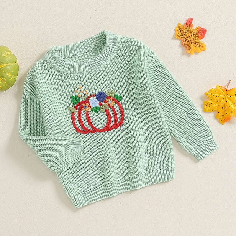 FOCUSNORM 0-3G Jauki zīdaiņi, meitenes, Helovīna džemperis ar garām piedurknēm, ziedu ķirbju izšuvumi, ziemas silti, trikotāžas puloveri