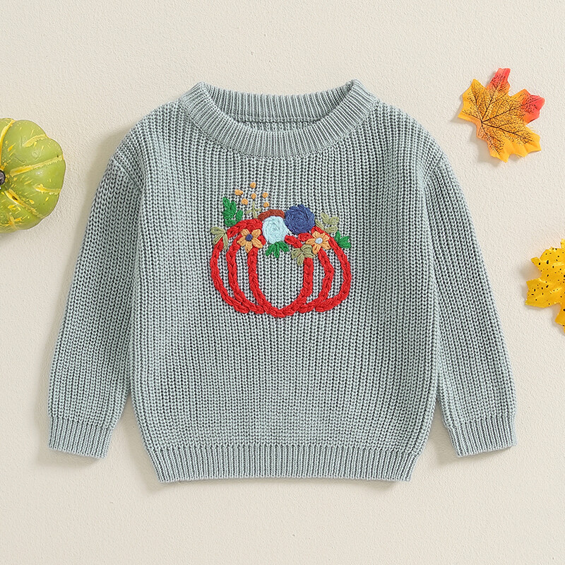 FOCUSNORM 0-3G Jauki zīdaiņi, meitenes, Helovīna džemperis ar garām piedurknēm, ziedu ķirbju izšuvumi, ziemas silti, trikotāžas puloveri