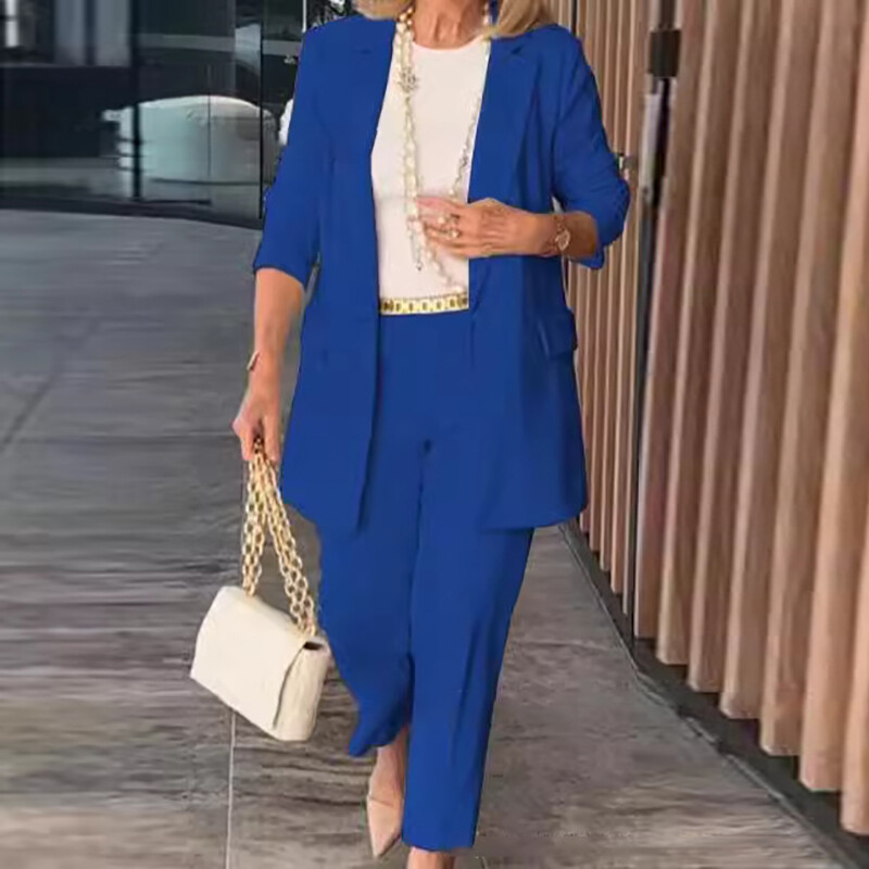 Žensko elegantno jednobojno odijelo za posao i posao, proljetna jakna s jednim gumbom, sako i kompleti hlača, jesenska ženska odjeća s reverima i dugim rukavima