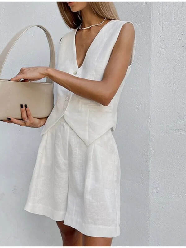 Női tömör pamut vászon rövidnadrág öltöny Vintage ujjatlan mellény, légáteresztő rövid nadrág, kétrészes szett Elegáns High Street outfitek