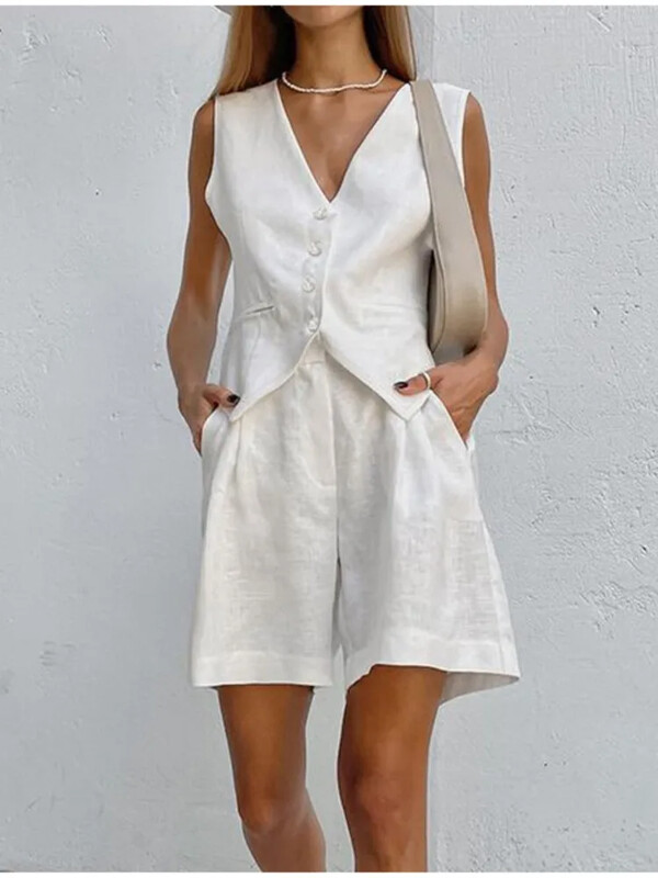 Női tömör pamut vászon rövidnadrág öltöny Vintage ujjatlan mellény, légáteresztő rövid nadrág, kétrészes szett Elegáns High Street outfitek