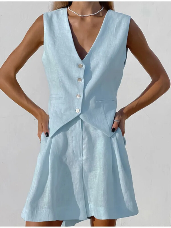 Női tömör pamut vászon rövidnadrág öltöny Vintage ujjatlan mellény, légáteresztő rövid nadrág, kétrészes szett Elegáns High Street outfitek
