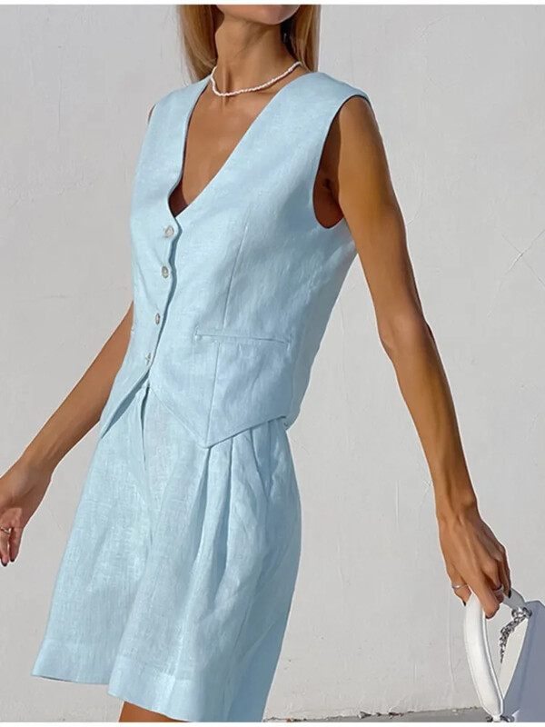 Női tömör pamut vászon rövidnadrág öltöny Vintage ujjatlan mellény, légáteresztő rövid nadrág, kétrészes szett Elegáns High Street outfitek