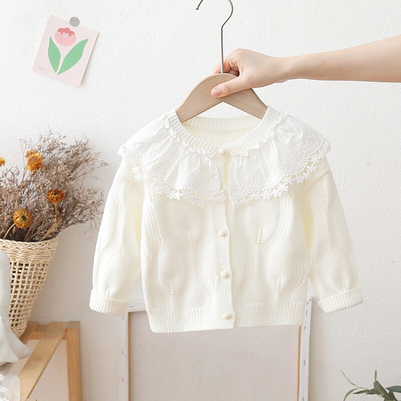 Dječja odjeća Džemperi za djevojčice s lijepim Peter Pan ovratnikom Cvjetni pleteni sako za djevojčice Jesenski dječji kardigan po mjeri HY07061