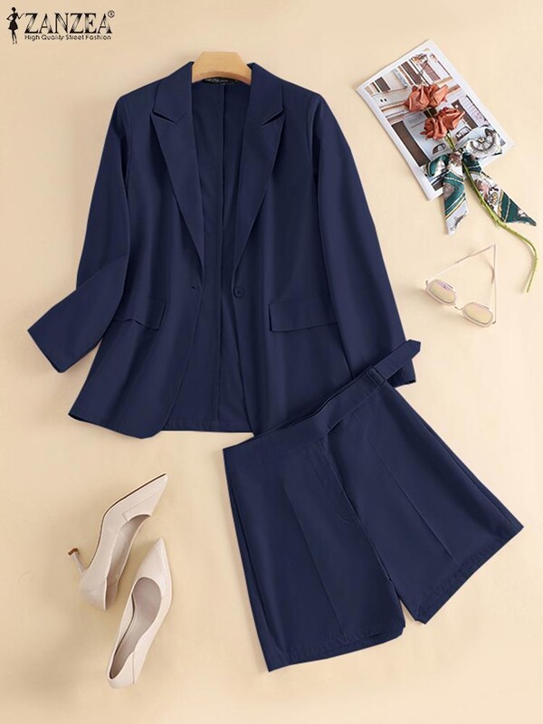 Elegantni sako dugih rukava Kompleti hlača 2024 ZANZEA Ženski jesenski OL Wok kratki kompleti Jednobojne trenirke od 2 komada Elegantno uredsko odijelo za dame