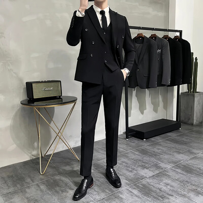 Costum elegant pentru bărbați, slim fit, stil coreean, haine negre în stil occidental, jachetă ocazională, pantaloni, pentru bărbați tineri la modă