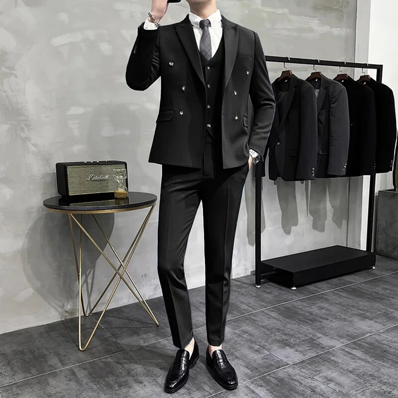Costum elegant pentru bărbați, slim fit, stil coreean, haine negre în stil occidental, jachetă ocazională, pantaloni, pentru bărbați tineri la modă