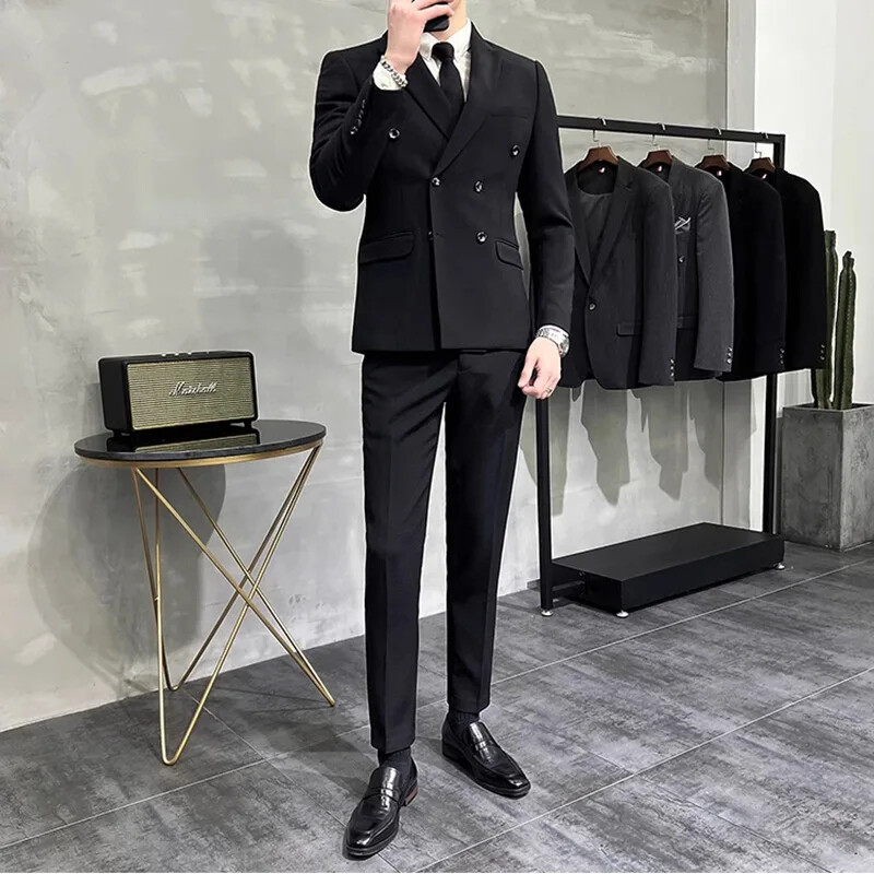 Costum elegant pentru bărbați, slim fit, stil coreean, haine negre în stil occidental, jachetă ocazională, pantaloni, pentru bărbați tineri la modă