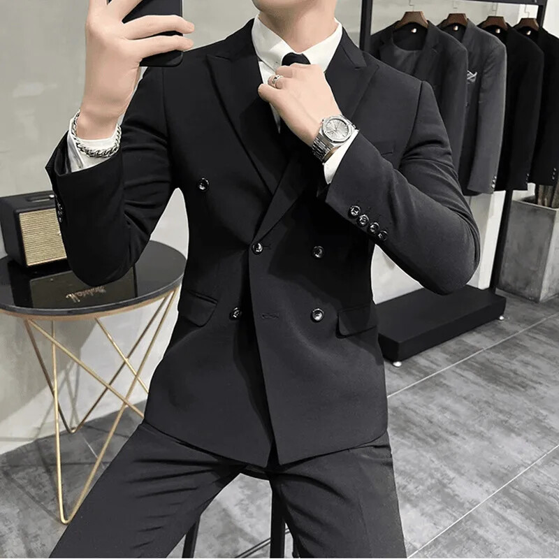 Costum elegant pentru bărbați, slim fit, stil coreean, haine negre în stil occidental, jachetă ocazională, pantaloni, pentru bărbați tineri la modă