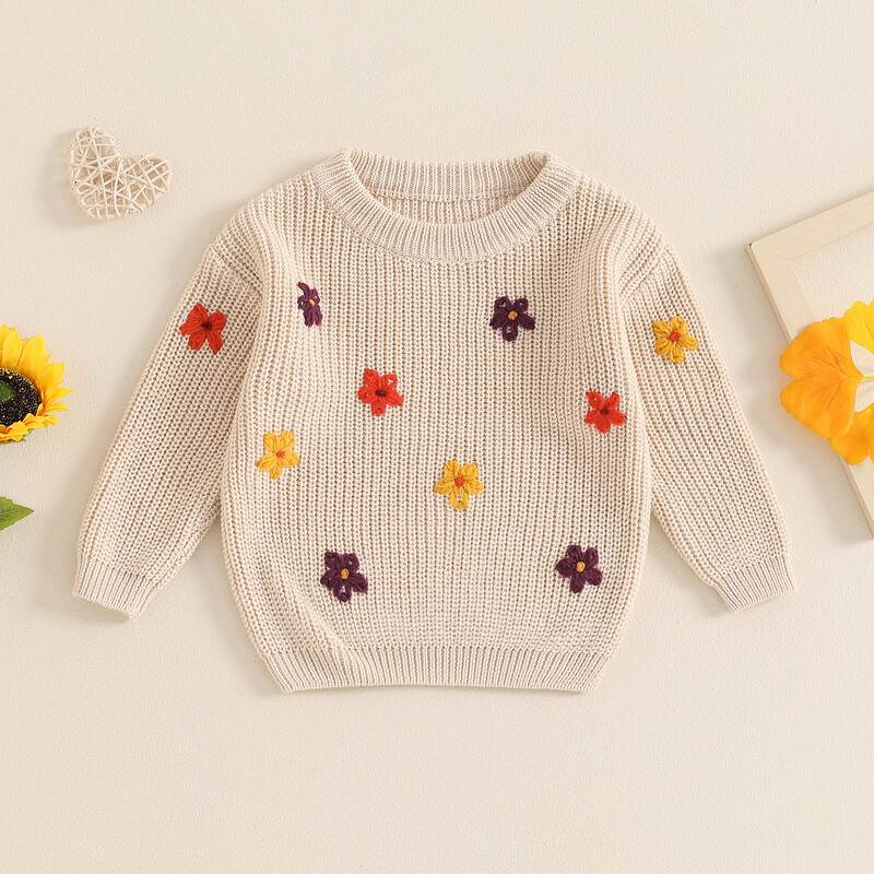 FOCUSNORM 0-3Y Jesen Zima Pulover za djevojčice s dugim rukavima i okruglim izrezom Pleteni pulover s cvjetnim vezom