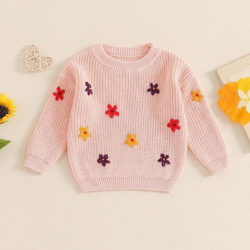 FOCUSNORM 0-3Y Jesen Zima Pulover za djevojčice s dugim rukavima i okruglim izrezom Pleteni pulover s cvjetnim vezom
