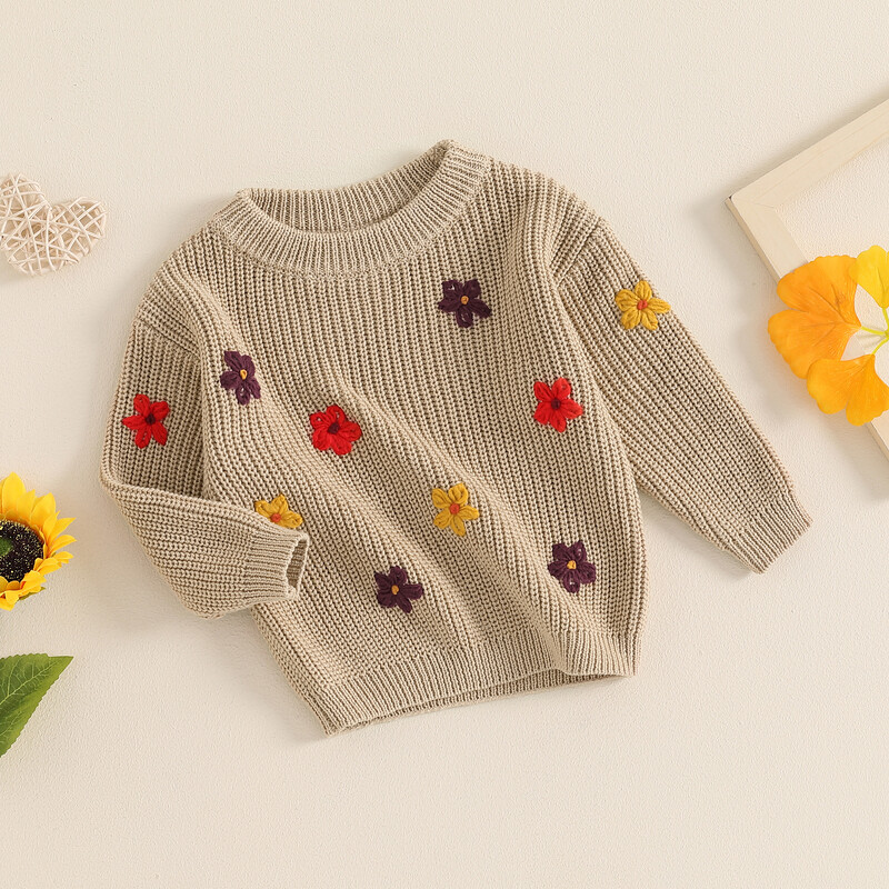 FOCUSNORM 0-3Y Jesen Zima Pulover za djevojčice s dugim rukavima i okruglim izrezom Pleteni pulover s cvjetnim vezom