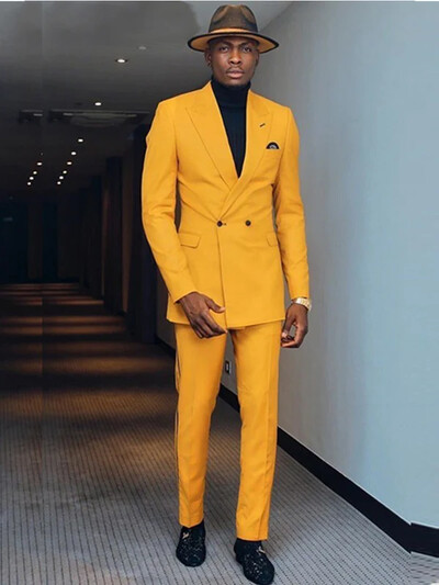 Costum galben pentru bărbați, două piese, rever, smoking la dublu piept, pentru petrecerea zilnică de bal, mire, jachetă casual, pantaloni