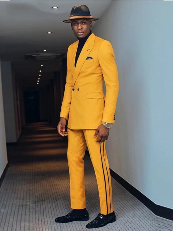 Costum galben pentru bărbați, două piese, rever, smoking la dublu piept, pentru petrecerea zilnică de bal, mire, jachetă casual, pantaloni