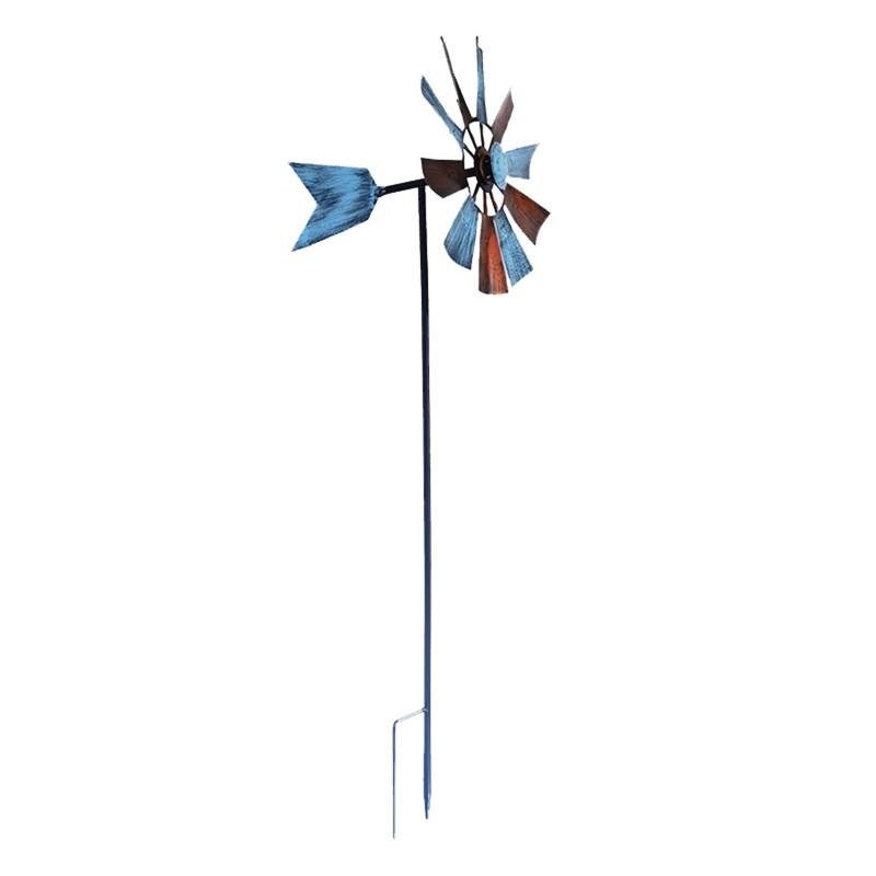 Kovácsoltvas forgó szélmalom fém szélpörgető tájdísz kültéri udvari pázsitkerék dekorációs kellékei