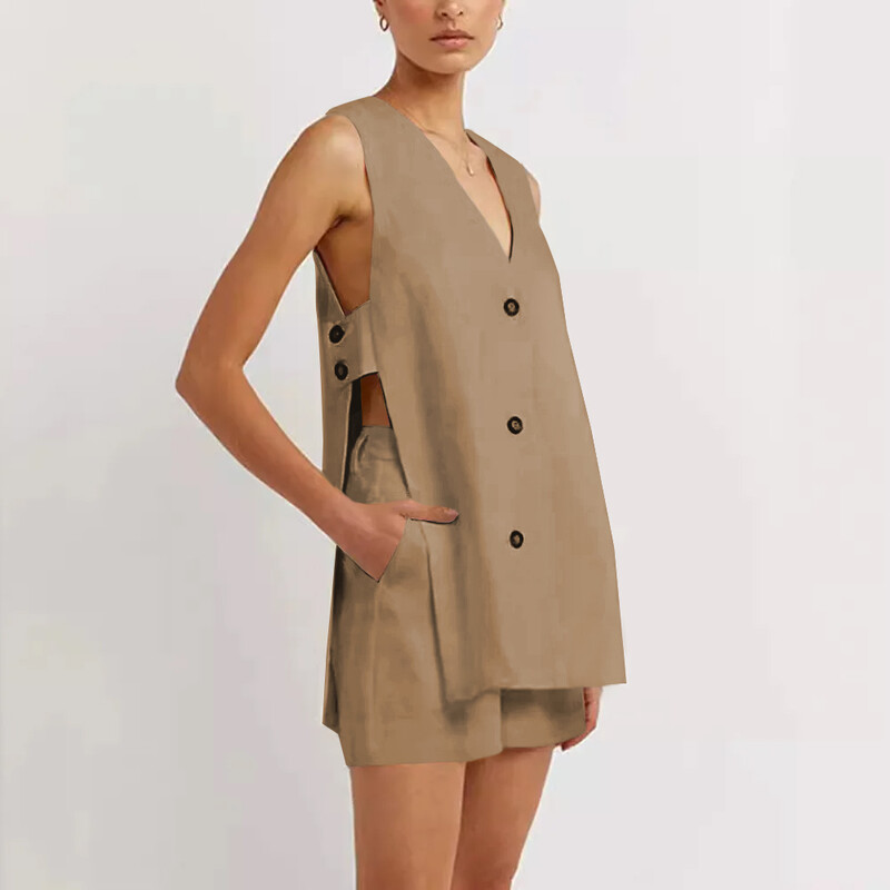 2024 Νέα 100% βαμβακερά γυναικεία κοστούμια 2 τεμαχίων σετ V λαιμόκοψη αμάνικα κουμπιά Γιλέκο σακάκι + ψηλόμεσο σορτς γυναικεία φόρμα γραφείου