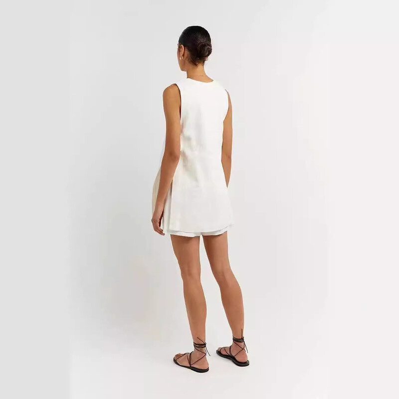 2024 Νέα 100% βαμβακερά γυναικεία κοστούμια 2 τεμαχίων σετ V λαιμόκοψη αμάνικα κουμπιά Γιλέκο σακάκι + ψηλόμεσο σορτς γυναικεία φόρμα γραφείου