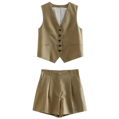 TRAFZA mellényes rövidnadrág női öltöny 2023 divatos, egysoros mellény felső + vékony nadrágszettek női, hétköznapi utcai viselet