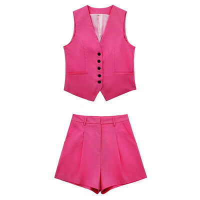 TRAFZA mellényes rövidnadrág női öltöny 2023 divatos, egysoros mellény felső + vékony nadrágszettek női, hétköznapi utcai viselet