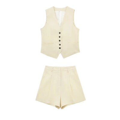 TRAFZA mellényes rövidnadrág női öltöny 2023 divatos, egysoros mellény felső + vékony nadrágszettek női, hétköznapi utcai viselet