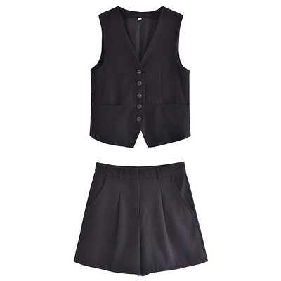 TRAFZA mellényes rövidnadrág női öltöny 2023 divatos, egysoros mellény felső + vékony nadrágszettek női, hétköznapi utcai viselet