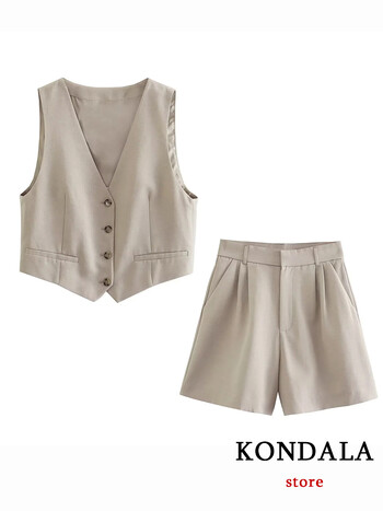 KONDALA Vintage Fashion 2023 Καλοκαιρινό γυναικείο κοστούμι 2 τεμαχίων V με κουμπιά λαιμόκοψη φανελάκι + ψηλή μέση φαρδύ σορτς για πόδι casual γιορτινό σετ