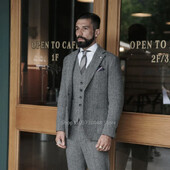 3-dijelna poslovna odijela Sivi uzorak riblje kosti Klasični vuneni mladoženjini smokingi od tvida za svatove (Blejzer+hlače+prsluk)