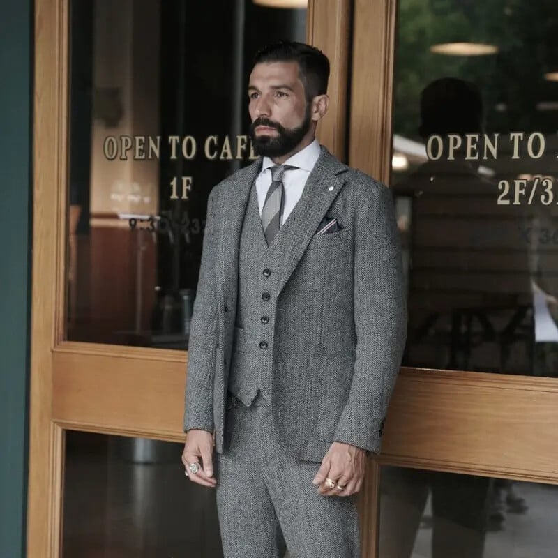 3-dijelna poslovna odijela Sivi uzorak riblje kosti Klasični vuneni mladoženjini smokingi od tvida za svatove (Blejzer+hlače+prsluk)