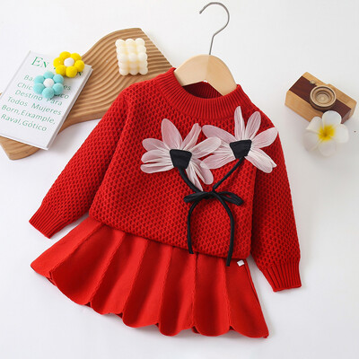 Bērnu džemperis meitenēm rudenī un ziemā jauns stils: puķu trikotāžas tops ar garām piedurknēm meiteņu kleitai