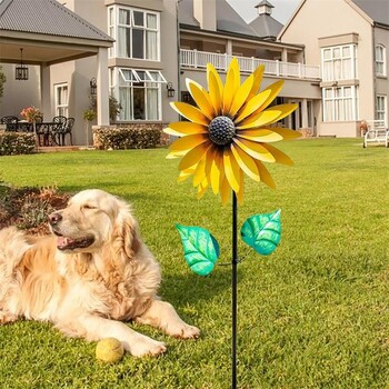 Sunflower Windmill Μεταλλικό Περιστρεφόμενο Ηλίανθο Wind Spinner με πάσσαλο Standing Lawn Flower Pinwheel Εξωτερική διακόσμηση κήπου Παιδικό παιχνίδι