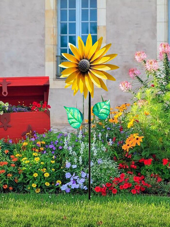 Sunflower Windmill Μεταλλικό Περιστρεφόμενο Ηλίανθο Wind Spinner με πάσσαλο Standing Lawn Flower Pinwheel Εξωτερική διακόσμηση κήπου Παιδικό παιχνίδι