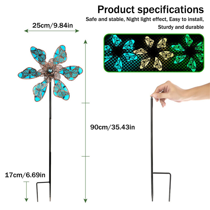 90 cm-es szélpörgető kerti fém vas Butterfly Shpae világító szélmalom fonó kültéri szélkert dekorációhoz