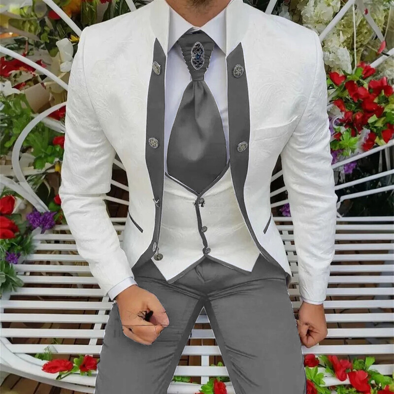 Elegantno muško odijelo Smoking za vjenčanje mladoženje Kraljevsko plava s bijelim uzorkom Jakna Hlače Prsluk Trodijelni set Svečana odijela Muška