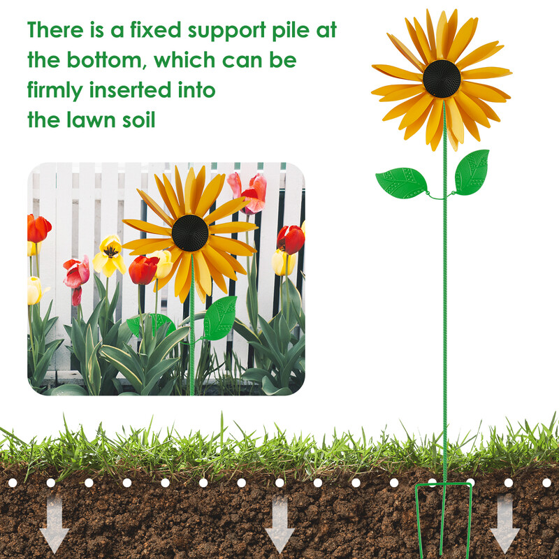 Sculptură de artă floarea-soarelui din metal Moara de vânt Spinner de vânt rezistent la floarea-soarelui 3D decorativ pentru curte, grădină, gazon